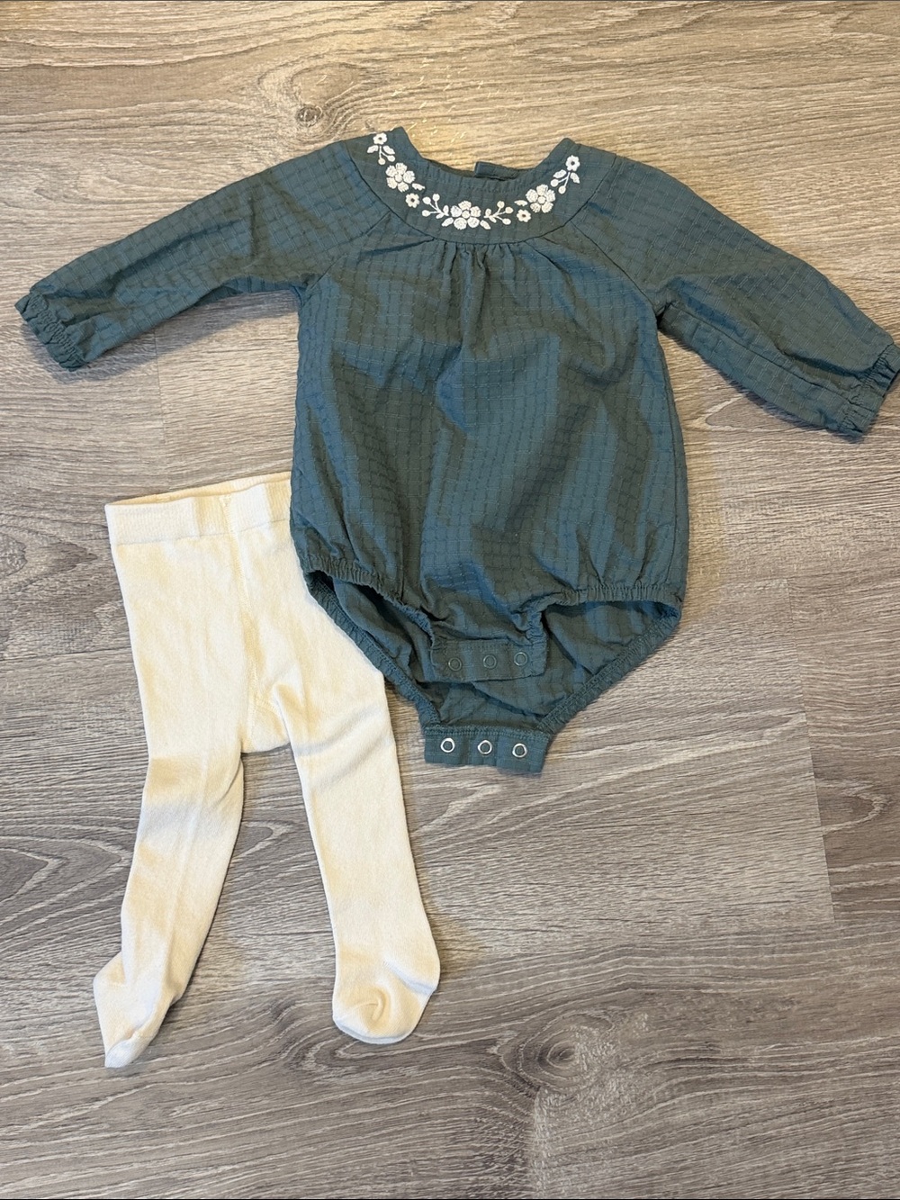 Carter's Forest Green Floral Embroidered Long-Sleeve One-Piece with Cream Tights
